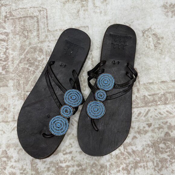 Sundance Global Girls Womens Size 40 Blue Beaded Leather Sandals Handmade Boho - Picture 1 of 7